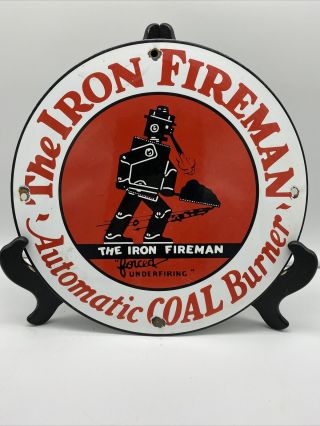 Vintage  The Iron Fireman  Gasoline & Oil Soda Pump Plate 12 Inch Porcelain