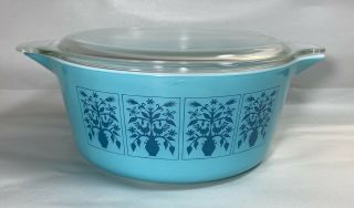 Pyrex Saxony Tree Of Life Turquoise Blue Round Covered Casserole 2.  5 Qt 475