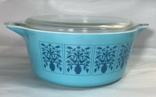 Pyrex Saxony Tree of Life Turquoise Blue Round Covered Casserole 2.  5 Qt 475 3