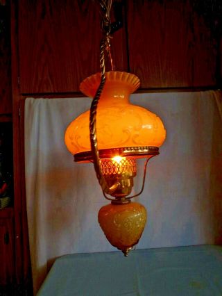 (o) Fenton Honey Overlay Hanging Lamp Chandelier Gwtw Style