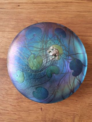 Glasform John Ditchfield Iridescent Lilypad Paperweight With Silver Frog