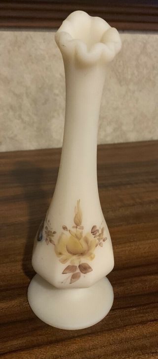 Vintage Fenton Custard Satin Glass Bud Vase Hand Painted Floral Artist Signed 7”