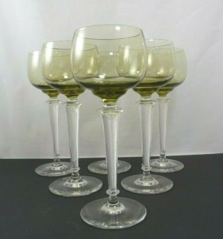 Set/6 Crystal Wine Hocks Glasses Green With Clear Air Twist Stems Moser Bohemia