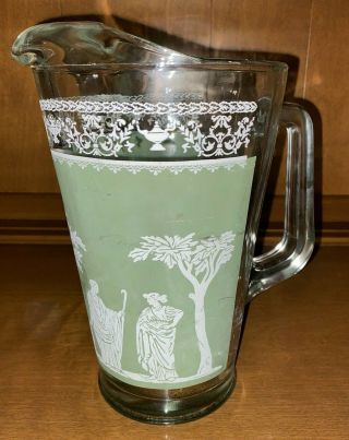 Vintage Jeanette Hellenic Green Jasperware Greek/roman Glass Water Pitcher
