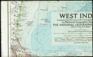 ⫸ 1954 - 3 March Vintage Map – West Indies National Geographic A3