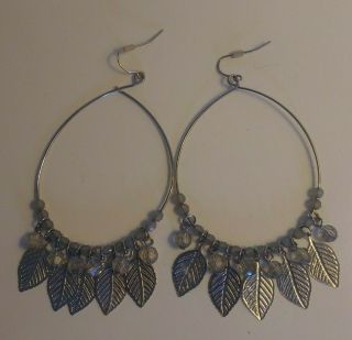 Vintage Hoop Earrings Dangle Feather Charms & Beads Costume Jewelry Pierced Ears