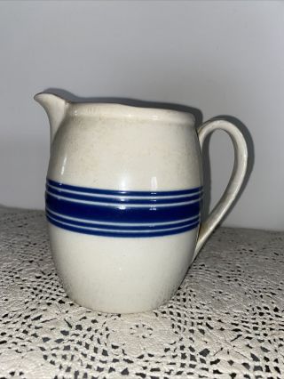 Vintage Stoneware Ceramic Pitcher White With Blue Stripe 5 3/4” Farmhouse