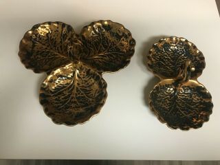 Set Of 2 Vintage Stangl Pottery Black Gold Cabbage Leaf Dishes All Purpose Exlnt