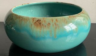 Art Pottery Teal Blue Green With Brown Low Bowl Planter