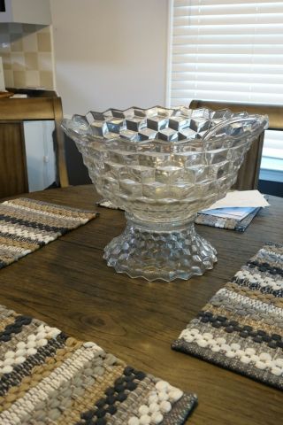 HUGE 26 lb Fostoria Punch Bowl on Stand - American Clear pattern w/ Glass Ladle 2