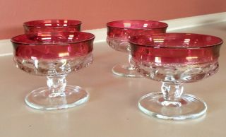 Set 4 Vintage Kings Crown Thumbprint Sherbet Dessert Compote Cranberry Glass