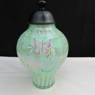 Fenton Willow Green Rib Optic Butterfly Garden Hand Painted Ginger Jar W204