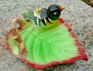 Japan Black Bird Figure On Green Leaf Ceramic Candy Trinket Dish Vintage