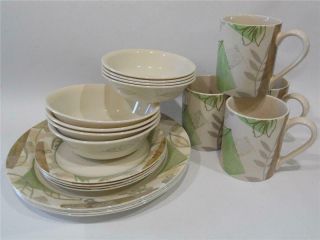 Nr 20 - Pc Corelle Textured Leaves Dinnerware Set Sandstone Plates Bowls Mugs