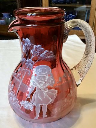Vintage Fenton Mary Gregory Cranberry Tumble Up Pitcher And Glass Guest Set