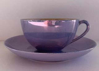 Meito China Hand Painted Japan Teacup & Saucer Blue Mother Of Pearl Purple Gold