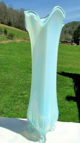 Fenton Aqua Opalescent Platinum Stretch Footed Swung Vase 13 " H 100th Anniversary