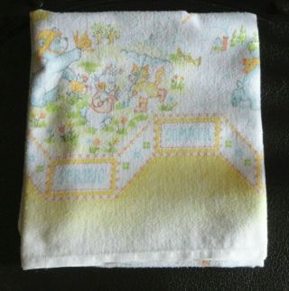 Vtg Dundee Baby Flannel Receiving Blanket Bear Cat Bunny Seasons Yellow Usa