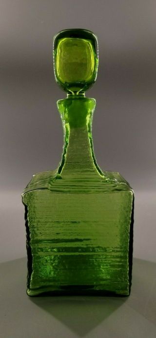 Vintage Wayne Husted Blenko 5816 Green Glass Decanter Textured Square Bottle