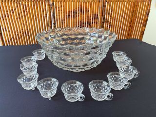Vtg Fostoria American Pattern Clear Glass Large 17.  5” Punch Bowl & 12 Cups Set