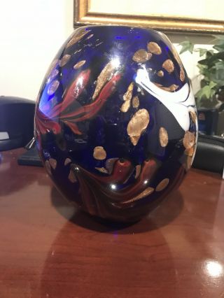 Vtg Murano Aventurine Art Glass Vase 9 " Cobalt Blue & Gold Fleck Glitter,  Heavy