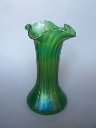 £20 Off Antique Loetz Kralik Art Nouveau Iridescent Green Art Glass Vase 8 "