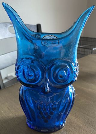 Vintage Viking Glass Blue Owl Vase