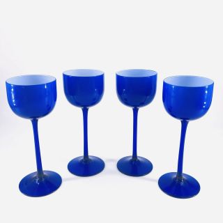4 Vtg Carlo Moretti Murano White Cased Cobalt Blue White Wine Glass Stem Goblet