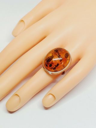 Vintage Sterling Silver Large Amber Oval Cabochon Ring Sz 5.  25 (17)