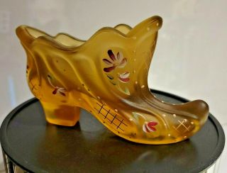 Vintage Fenton Art Glass,  Amber,  Handpainted & Signed 2000 Slipper/shoe