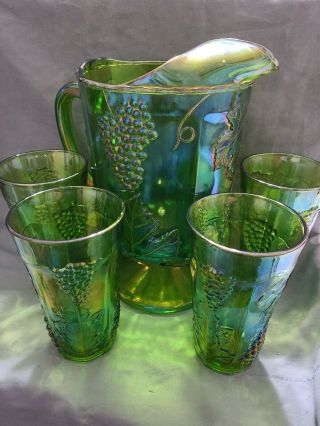 Vintage Carnival Glass Pitcher With 4 Glasses.  Green,  Harvest Grape Pattern.