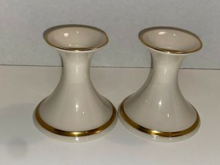 Set Of Two Off White Lenox Candle Holders With Gold Ring