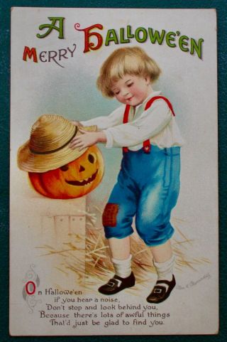 Vintage International Halloween Postcard,  Clapsaddle,  Little Boy Puts Hat On Jol