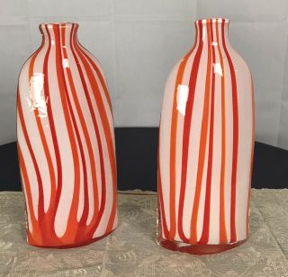 2 Mid Century Murano Style Stripe Tall Art Glass Vase Red Orange White 14” Retro