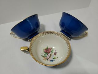 Vintage Royal Bayreuth Bavaria German Set Of 3 Tea Cups Gold Gilt Floral Blue