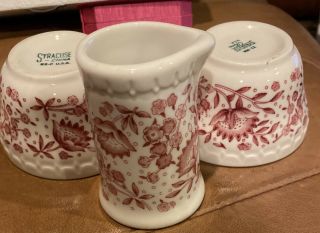 Vintage Syracuse China Restaurant Ware White & Red Floral Tall Creamer & 2 Bowls