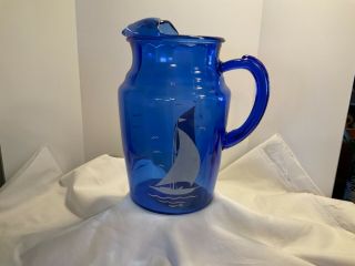 Vintage Cobalt Blue Glass Pitcher With White Sailboats