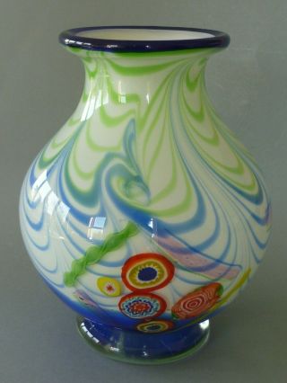 Large Vintage Swirl & Milleflori Art Glass Vase - Blue Green 10 " - Mid Century