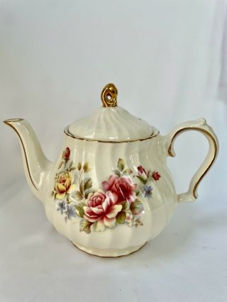 Vintage Sadler Teapot England Swirl Pink Yellow Rose Floral Gold Trim
