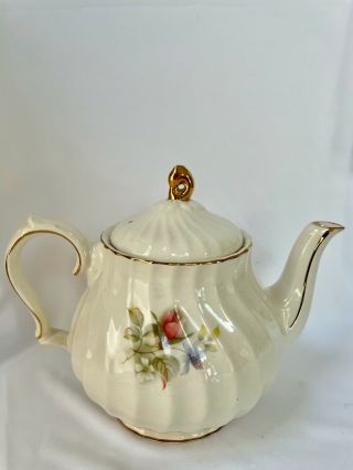 Vintage Sadler Teapot England Swirl Pink Yellow Rose Floral Gold Trim 2