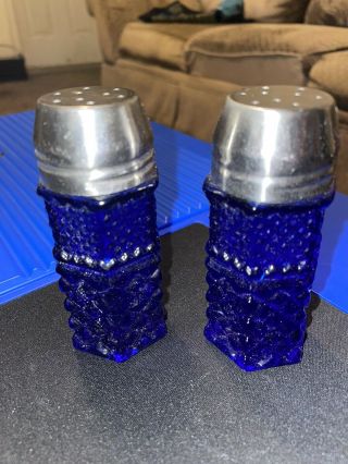 Rare Vintage Cobalt Blue Glass Diamond Pattern Salt And Pepper Shakers
