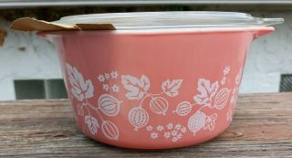 Vintage 1957 Pyrex Pink Gooseberry 473 Casserole Old Stock Factory Paper