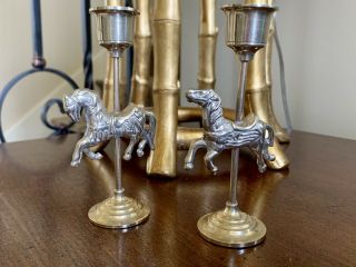 Vintage Set Of 2 Brass Horse/carousel Candle Holder Sticks
