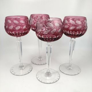 4 Cranberry Cut Crystal Floral Rose Wine Hocks Cut To Clear 7 3/8