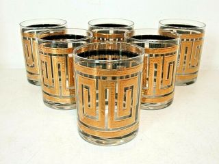 6 Set Culver Mid - Century Modern Deco Gold Greek Key Old Fashioned Rocks Glasses