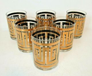 6 Set CULVER Mid - Century Modern Deco GOLD GREEK KEY Old Fashioned Rocks Glasses 2