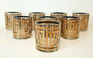 8 Set Culver Mid - Century Modern Deco Gold Greek Key Old Fashioned Rocks Glasses