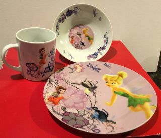 Disney Fairies Porcelain Dish Set: Cup Bowl And Plate