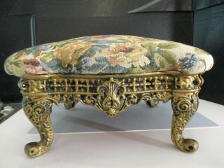 Vintage Cast Iron Ornate Gold Foot Rest Stool Tapestry Roses Top Queen Ann Leg
