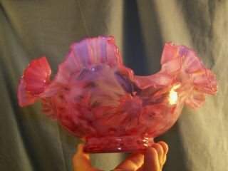 Vintage Northwood Cranberry Opalescent Glass Poinsettia Pattern Bowl 10 " Wide